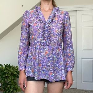 Vintage 80s purple floral ruffle blouse